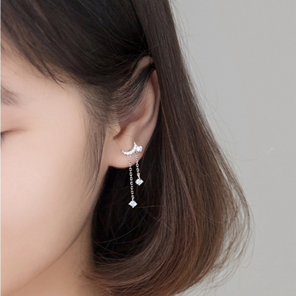 Asymmetry Moon Crescent Star Tassel Drop Stud Small Dangle Earrings - SS068 - Picture 5 of 8